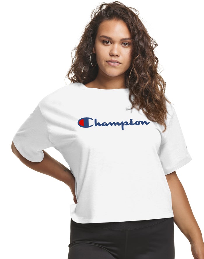 Champion Womens T-Shirt NZ - Plus Cropped Script C Logo White ( 3860-RHLPX )